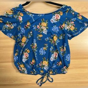 Rewind - Blue floral / elastic tie waist caged back crop Top/ Size XS